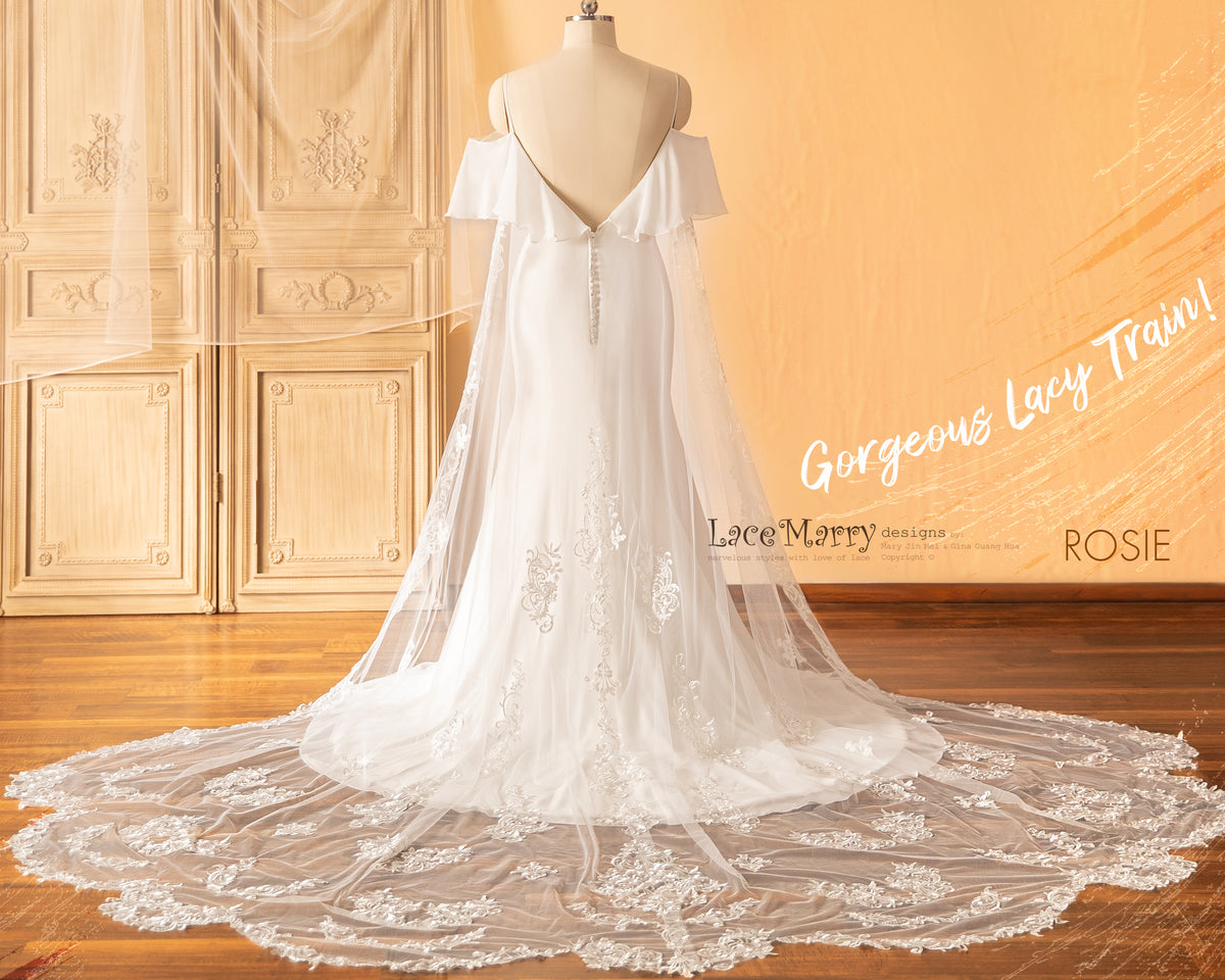 ROSIE / Off Shoulder Wedding Dress with Built-in Lacy Train