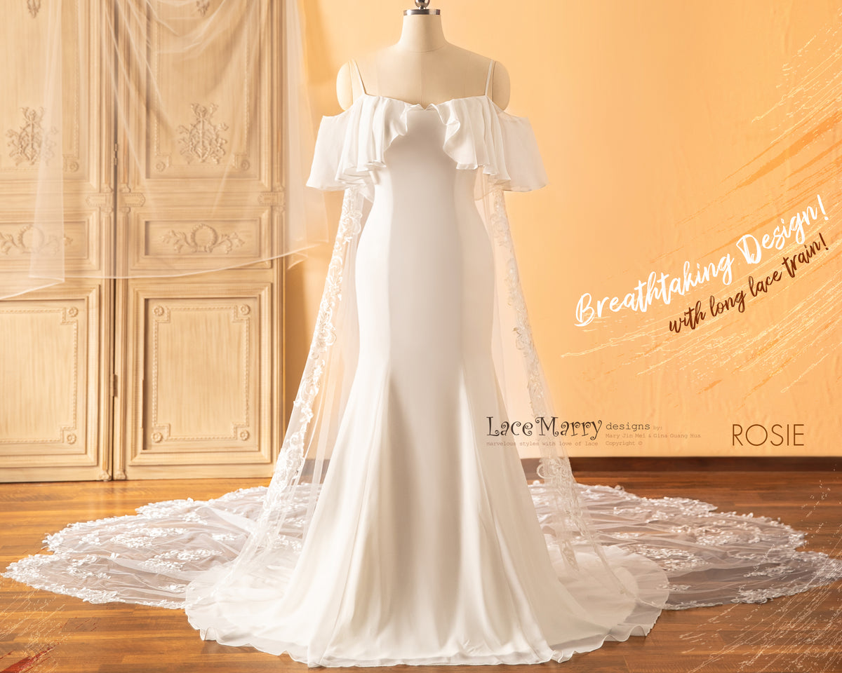 ROSIE / Off Shoulder Wedding Dress with Built-in Lacy Train