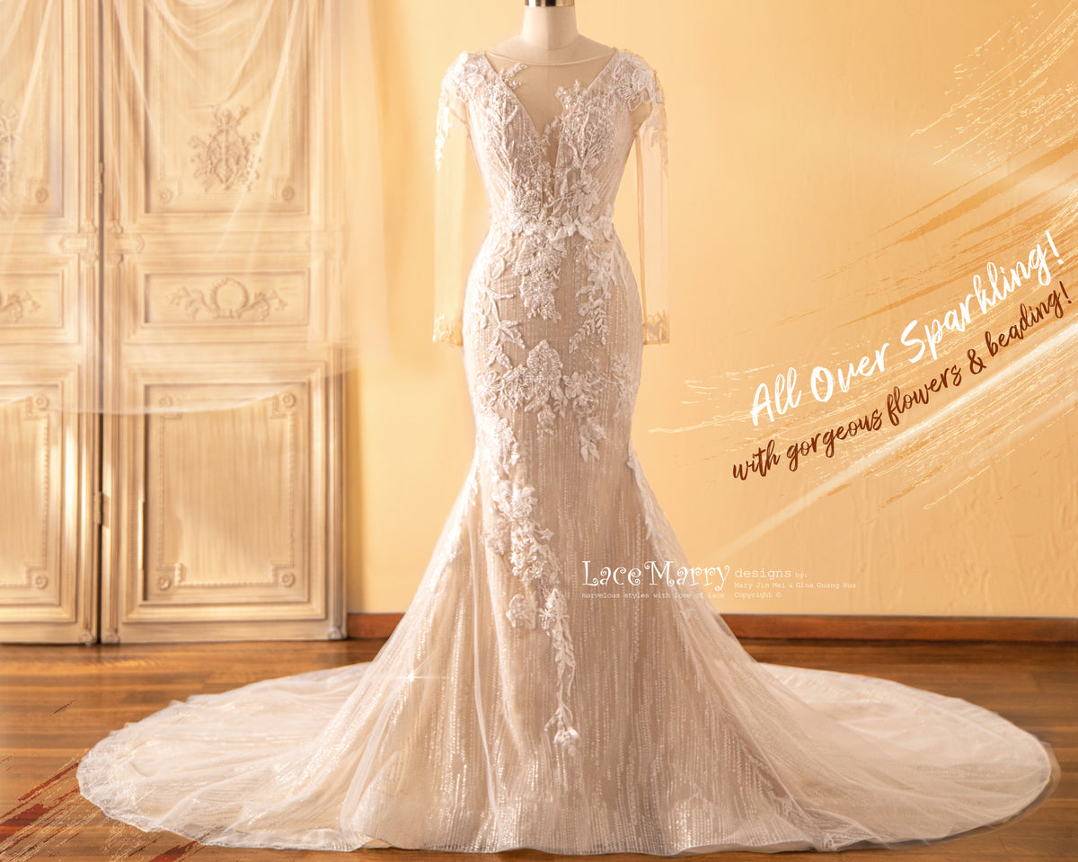 STELLA / Fitted Wedding Dress with Gorgeous Beaded Flower Appliques
