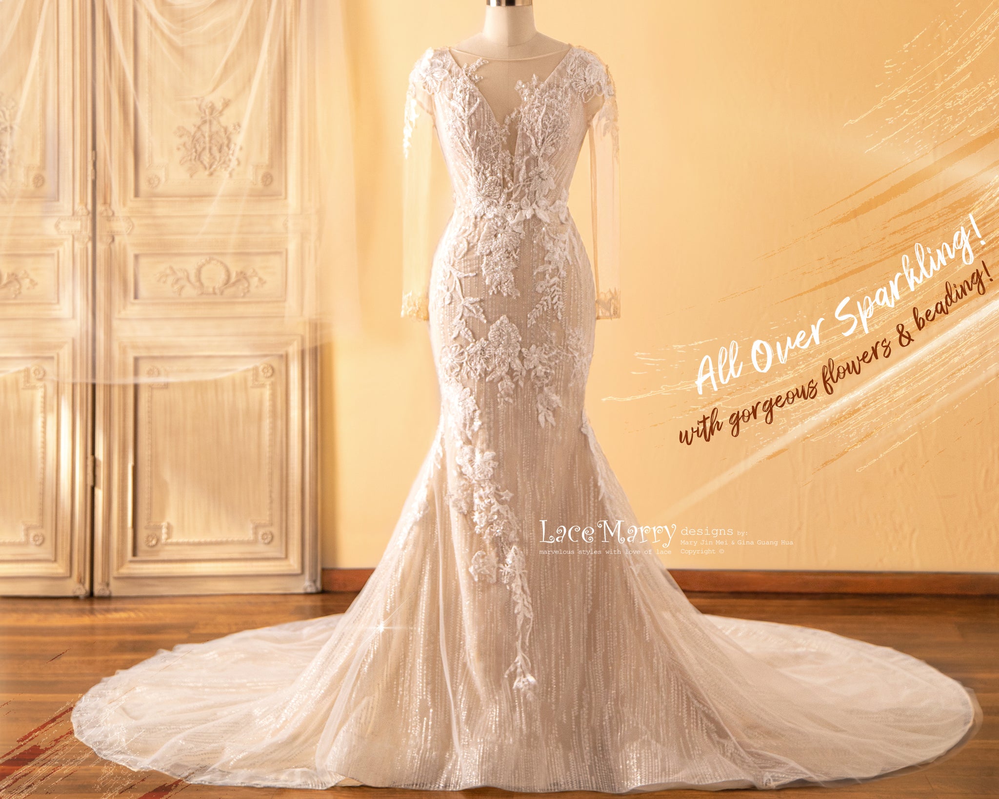 STELLA / Fitted Wedding Dress with Gorgeous Beaded Flower Appliques - LaceMarry STELLA / Fitted Wedding Dress with Gorgeous Beaded Flower Appliques - LaceMarry