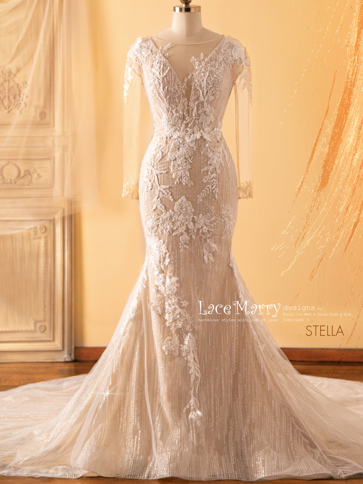 STELLA / Fitted Wedding Dress with Gorgeous Beaded Flower Appliques