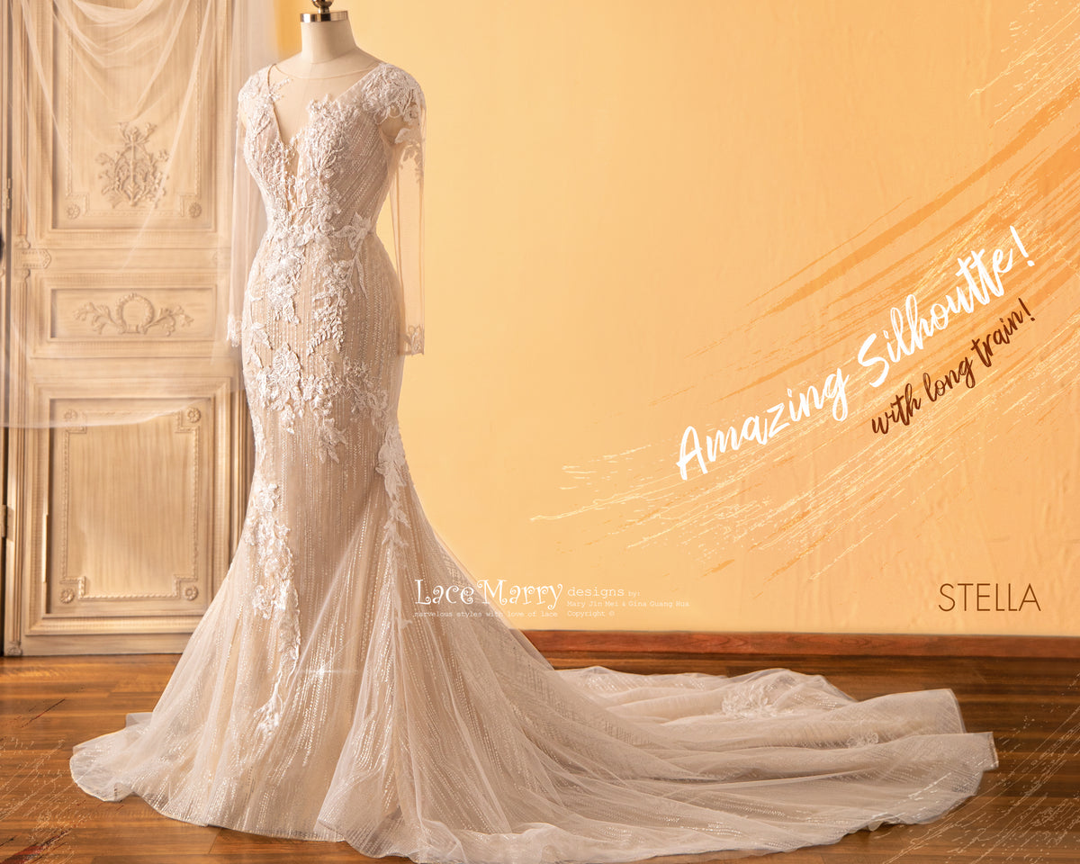 STELLA / Fitted Wedding Dress with Gorgeous Beaded Flower Appliques