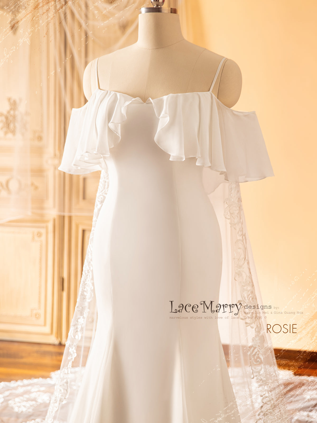 ROSIE / Off Shoulder Wedding Dress with Built-in Lacy Train