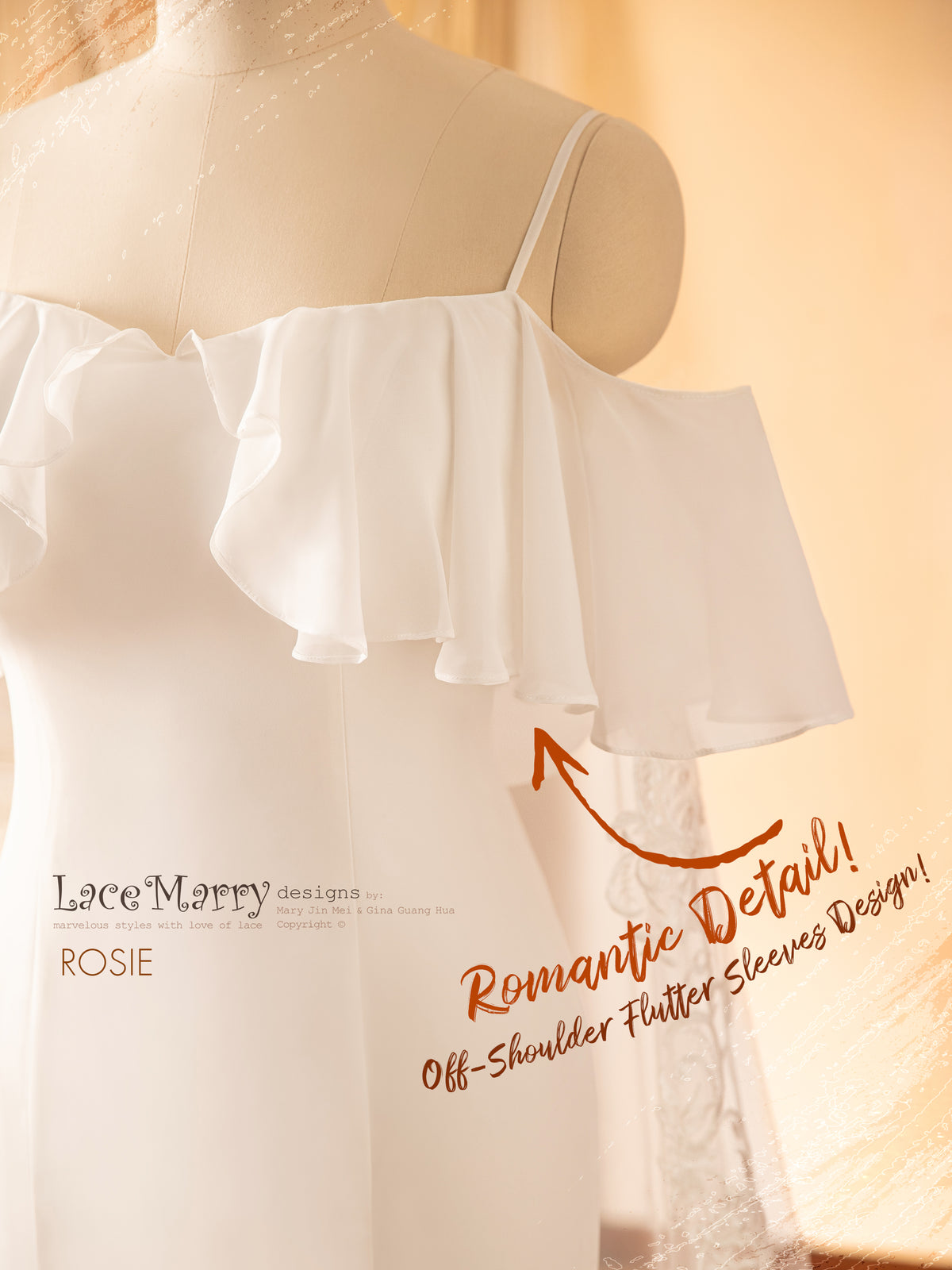 ROSIE / Off Shoulder Wedding Dress with Built-in Lacy Train
