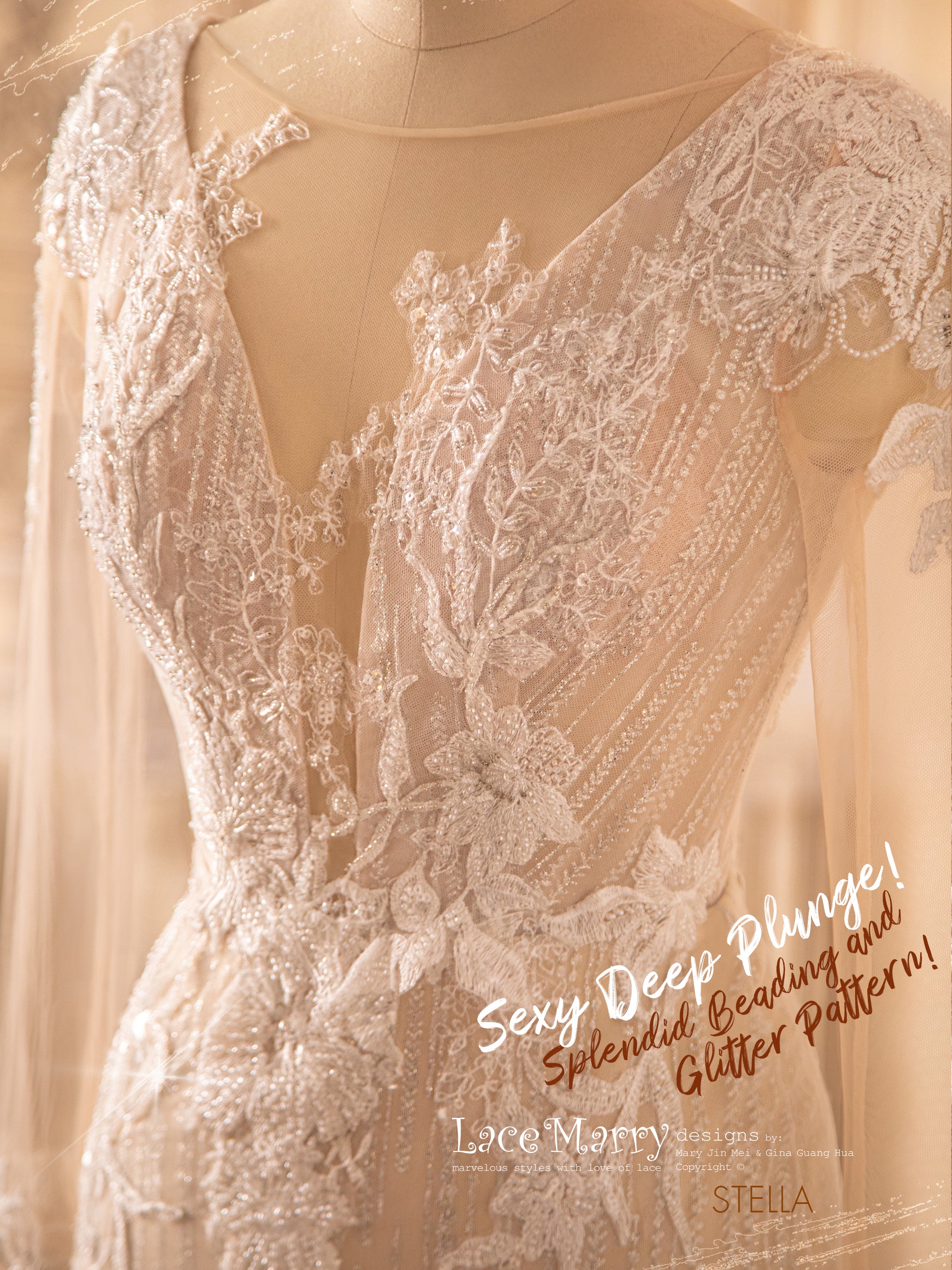 STELLA / Fitted Wedding Dress with Gorgeous Beaded Flower Appliques - LaceMarry STELLA / Fitted Wedding Dress with Gorgeous Beaded Flower Appliques - LaceMarry