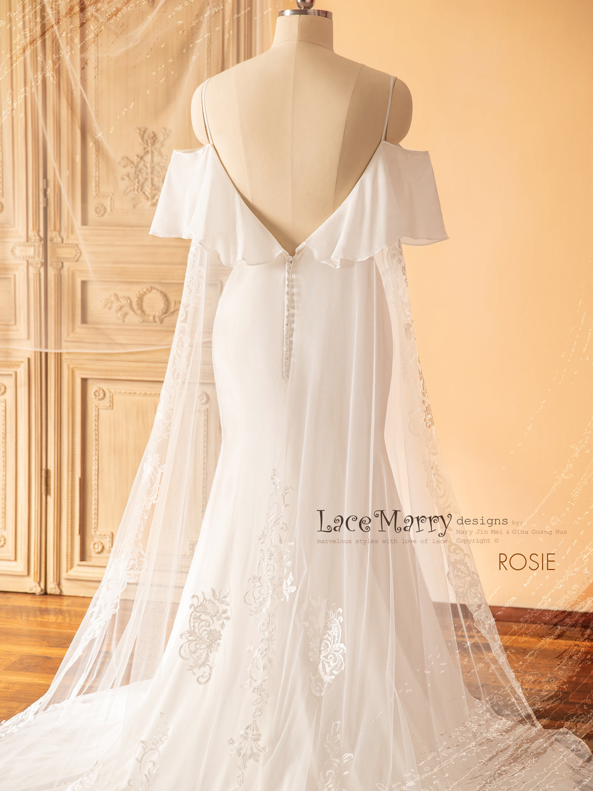 ROSIE / Off Shoulder Wedding Dress with Built-in Lacy Train