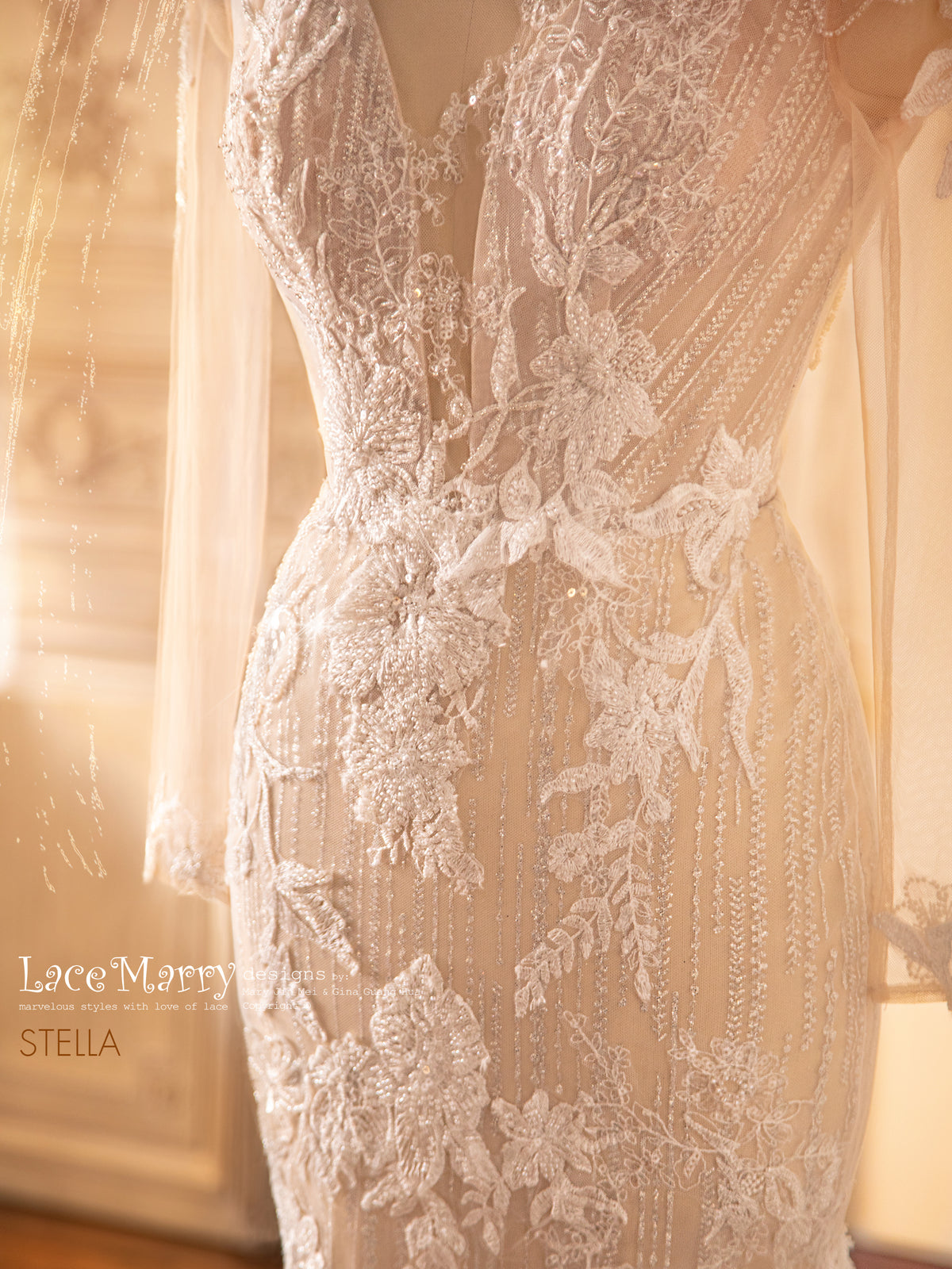 STELLA / Fitted Wedding Dress with Gorgeous Beaded Flower Appliques