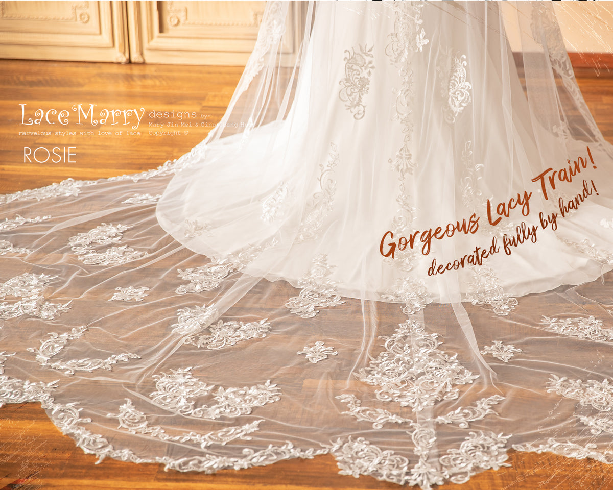 ROSIE / Off Shoulder Wedding Dress with Built-in Lacy Train