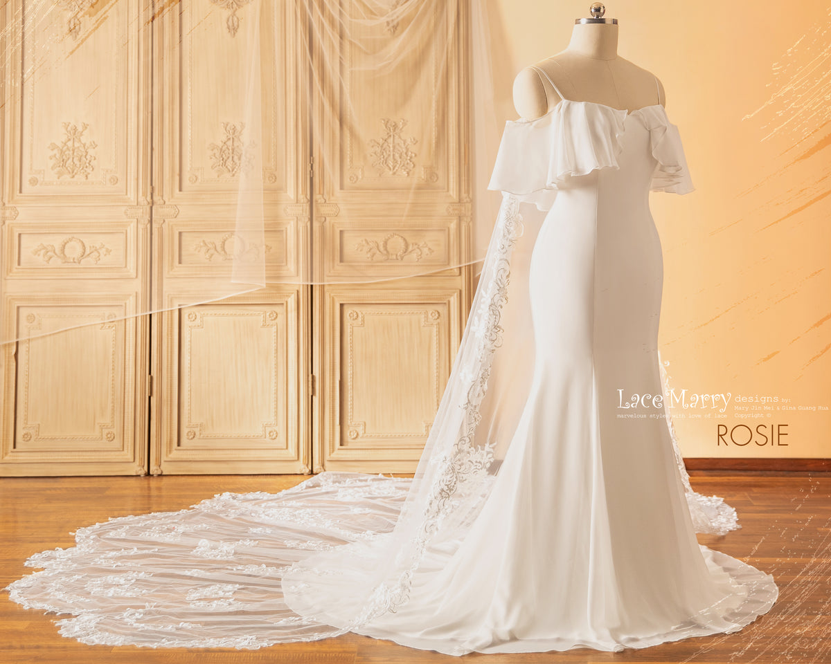 ROSIE / Off Shoulder Wedding Dress with Built-in Lacy Train