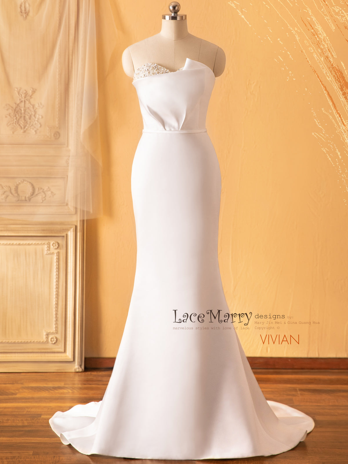 VIVIAN / Plain Wedding Dress with Folded Neckline Design - LaceMarry VIVIAN / Plain Wedding Dress with Folded Neckline Design - LaceMarry
