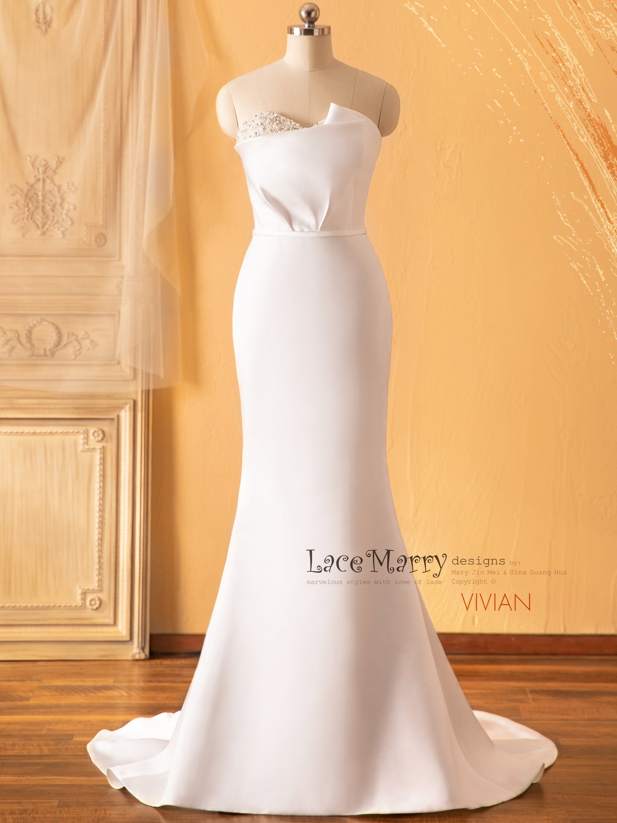 VIVIAN / Plain Wedding Dress with Folded Neckline Design - LaceMarry VIVIAN / Plain Wedding Dress with Folded Neckline Design - LaceMarry