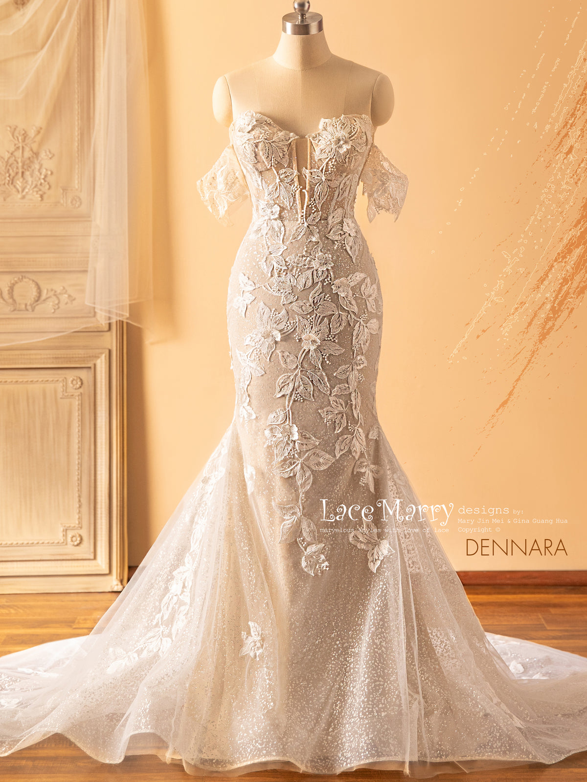 off shoulder dress with lace Off-Shoulder Long Sleeve Wedding Veil HAREM's Brides line Dress by Andrea and LeoMake a chic entry in this exquisite dress by Andrea and Leo Desiree Off Shoulder A Line