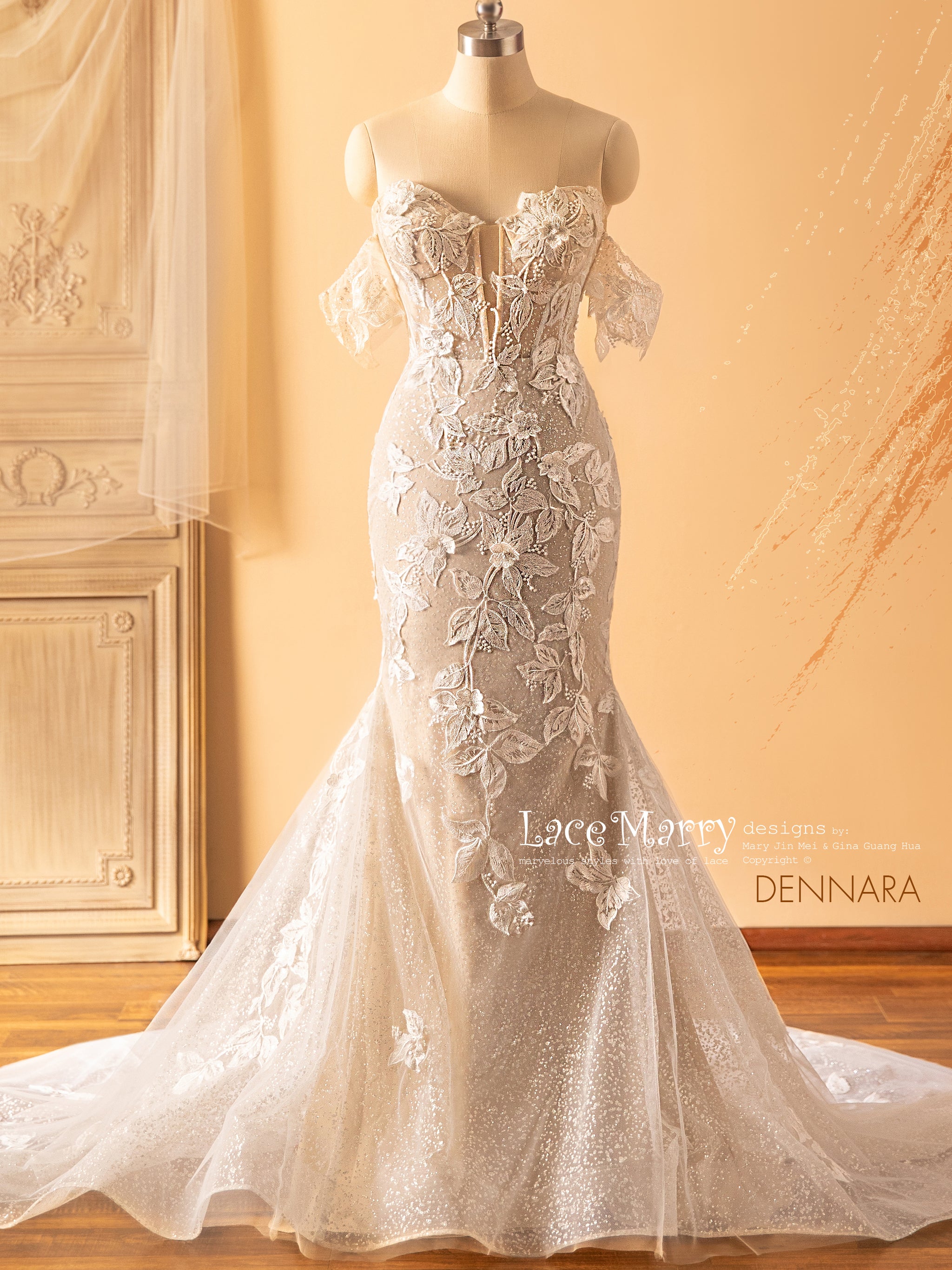 DENNARA / Floral Wedding Dress with Sparkling Glitter Tulle - LaceMarry DENNARA / Floral Wedding Dress with Sparkling Glitter Tulle - LaceMarry