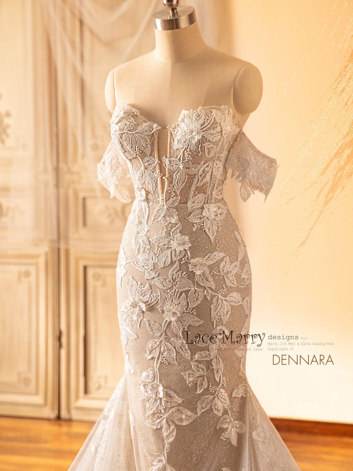 DENNARA / Floral Wedding Dress with Sparkling Glitter Tulle