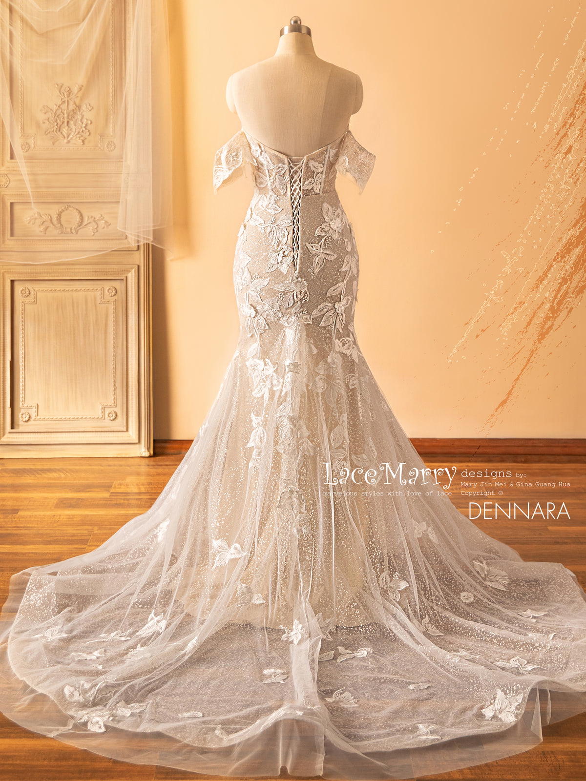 DENNARA / Floral Wedding Dress with Sparkling Glitter Tulle