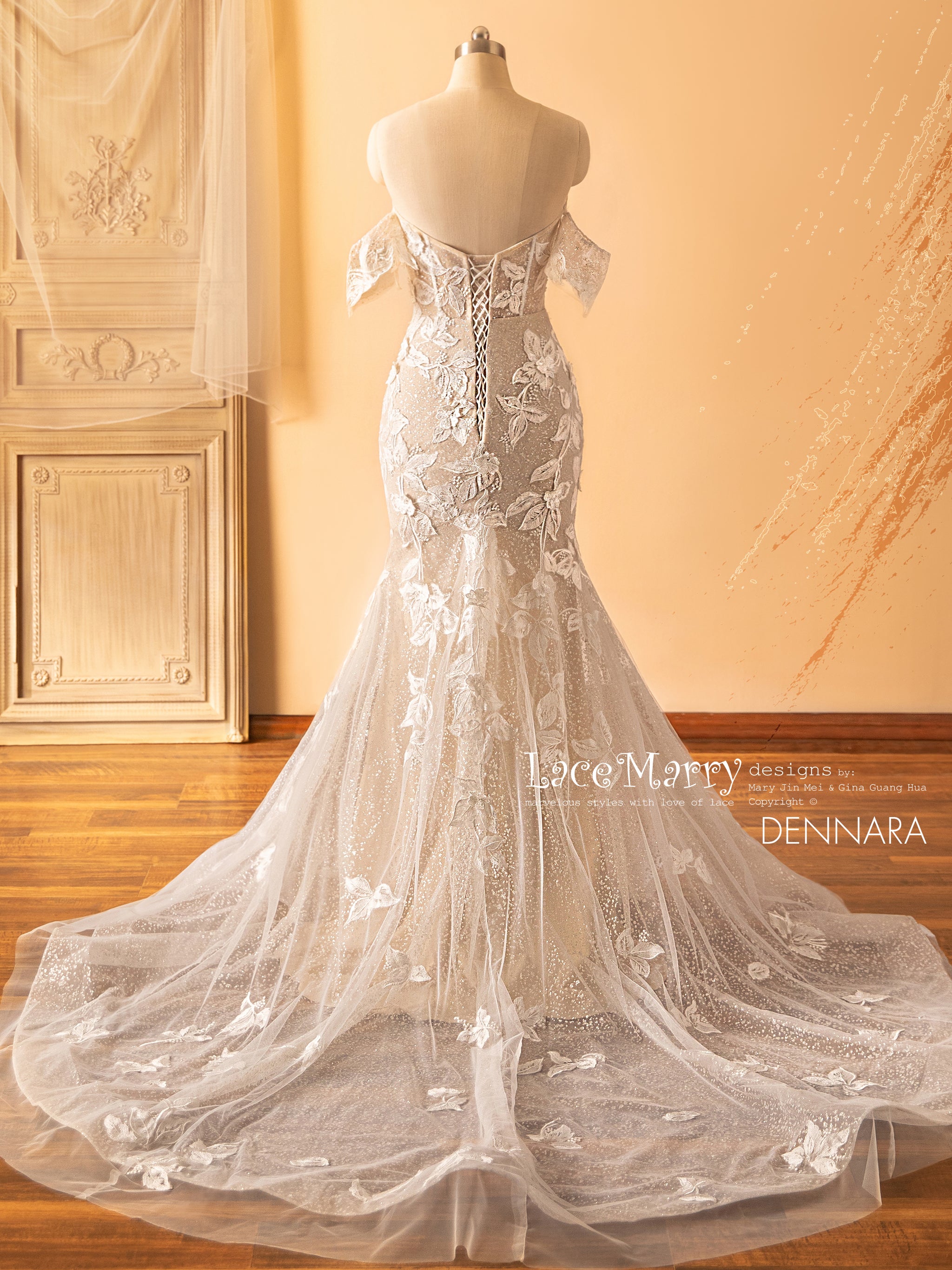DENNARA / Floral Wedding Dress with Sparkling Glitter Tulle - LaceMarry DENNARA / Floral Wedding Dress with Sparkling Glitter Tulle - LaceMarry