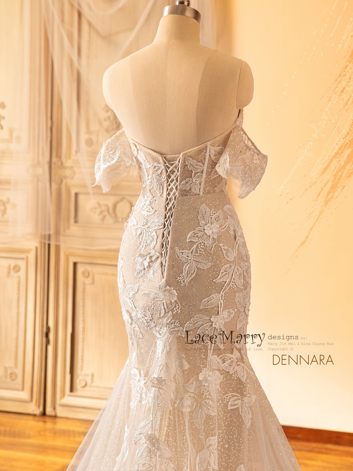 DENNARA / Floral Wedding Dress with Sparkling Glitter Tulle