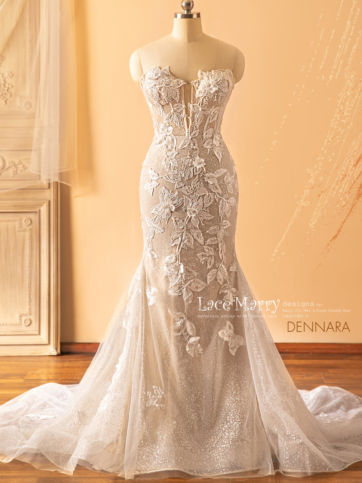 DENNARA / Floral Wedding Dress with Sparkling Glitter Tulle