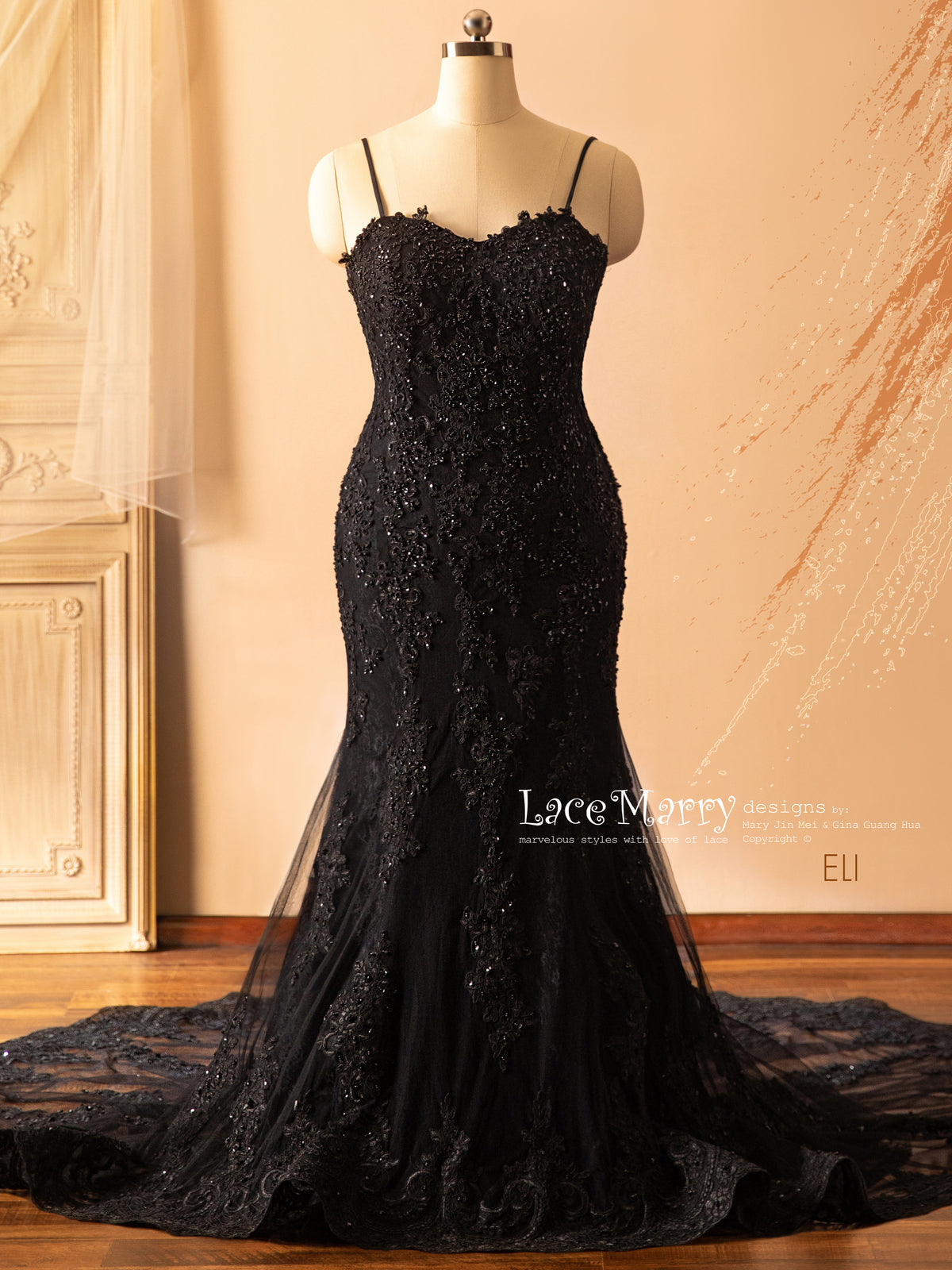 Black Lace Wedding Dress with Sexy Sheer Open Back and Long Sleeves - LaceMarry Black Lace Wedding Dress with Sexy Sheer Open Back and Long Sleeves - LaceMarry
