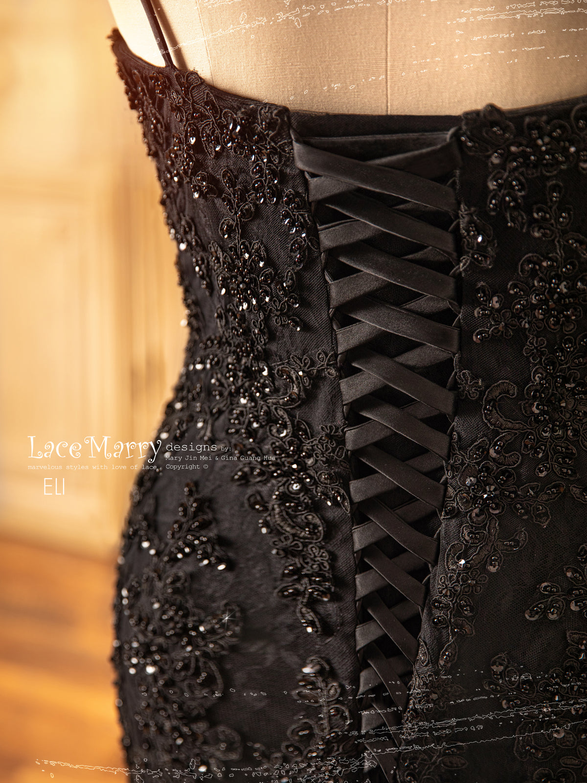 Black Lace Wedding Dress with Sexy Sheer Open Back and Long Sleeves - LaceMarry Black Lace Wedding Dress with Sexy Sheer Open Back and Long Sleeves - LaceMarry
