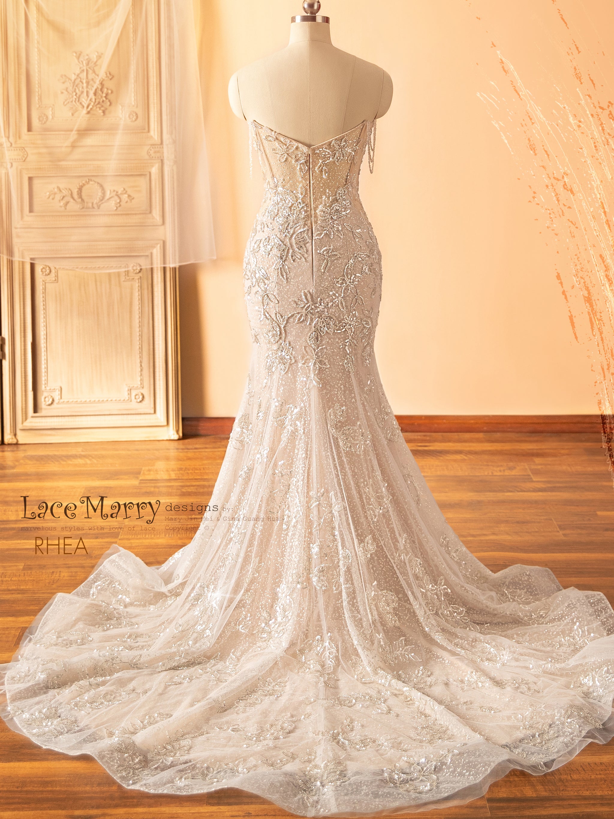 RHEA / Glitter Wedding Dress with Beaded Straps - LaceMarry