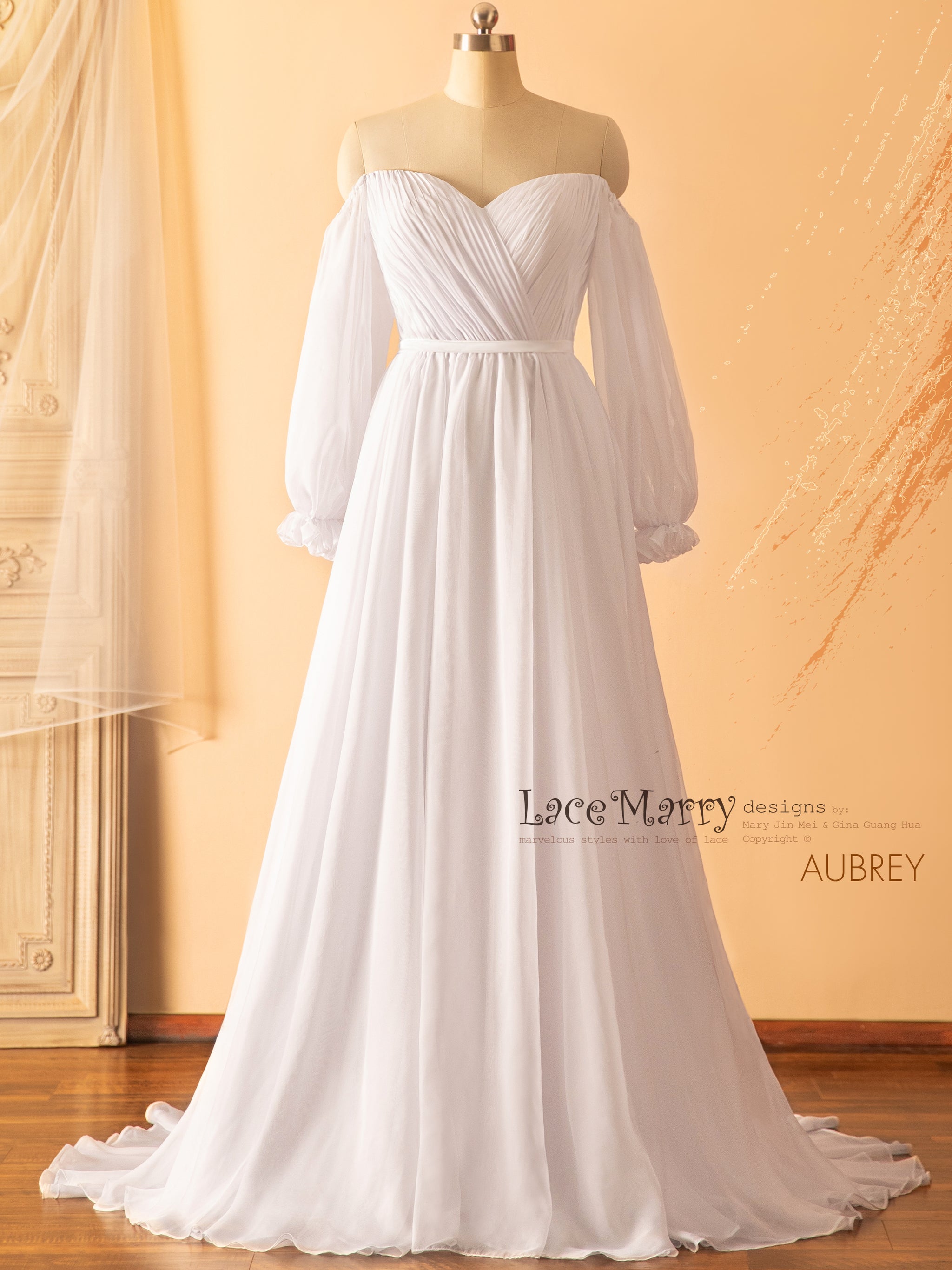 AUBREY / Long Puff Sleeves Plain Wedding Dress - LaceMarry AUBREY / Long Puff Sleeves Plain Wedding Dress - LaceMarry