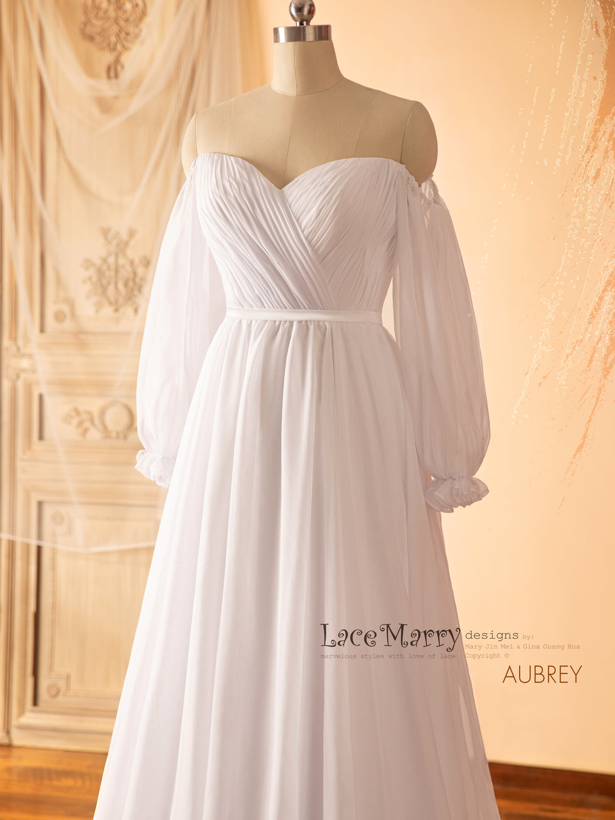 AUBREY / Long Puff Sleeves Plain Wedding Dress