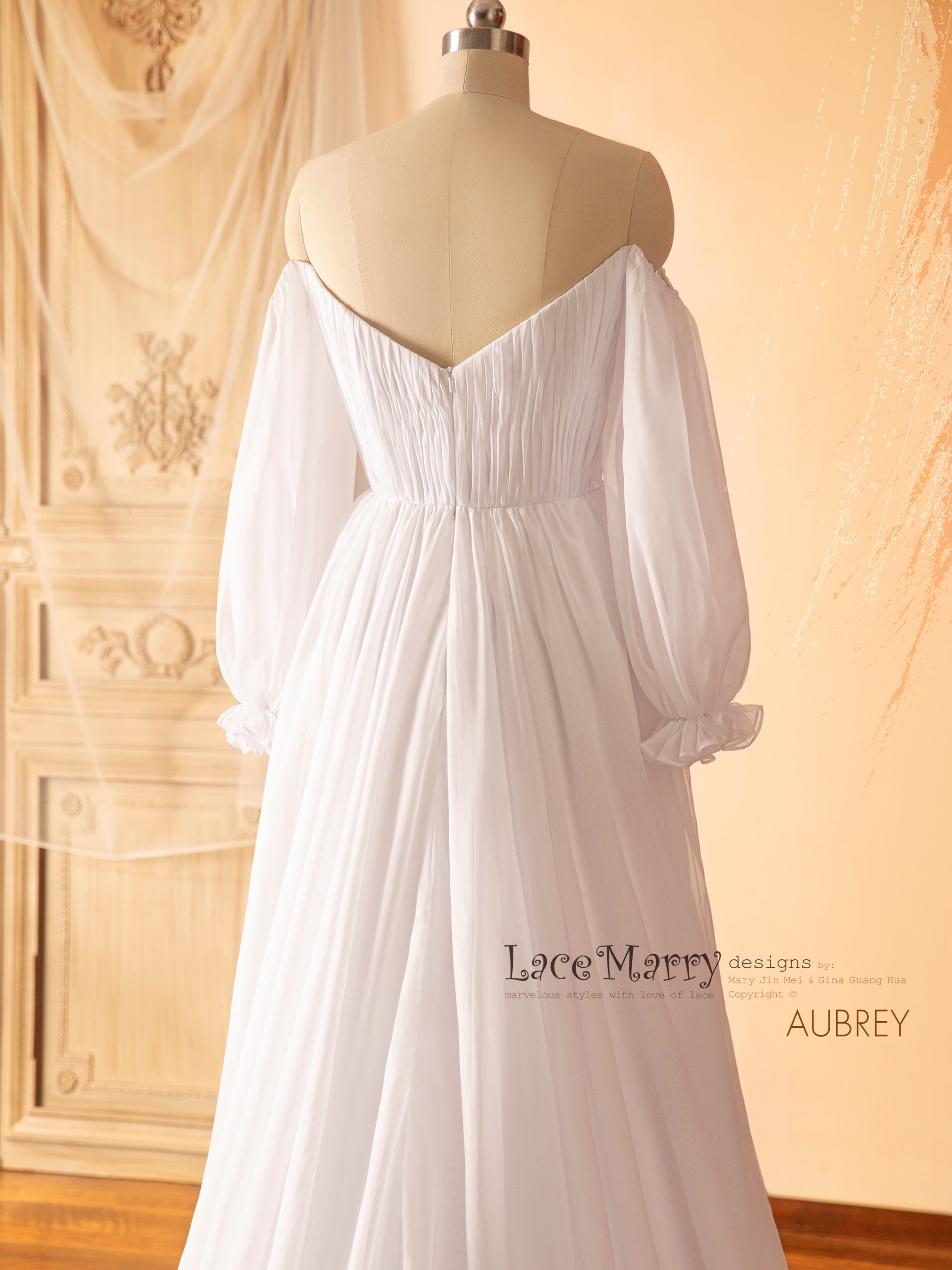 AUBREY / Long Puff Sleeves Plain Wedding Dress - LaceMarry AUBREY / Long Puff Sleeves Plain Wedding Dress - LaceMarry
