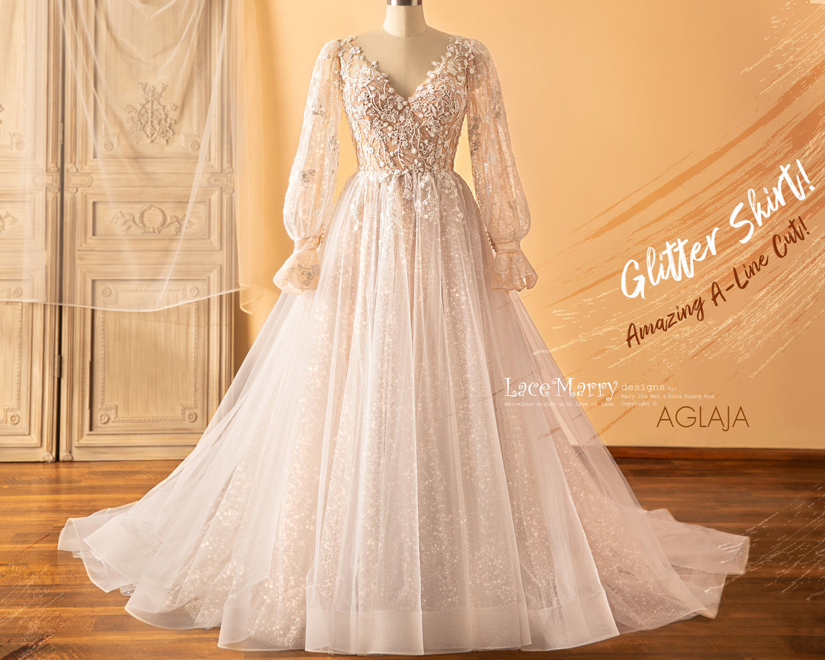 AGLAJA / Long Puff Sleeves Wedding Dress with Glitter Skirt - LaceMarry AGLAJA / Long Puff Sleeves Wedding Dress with Glitter Skirt - LaceMarry