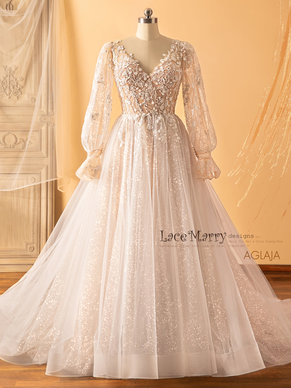 AGLAJA Long Puff Sleeves Wedding Dress with Glitter Skirt