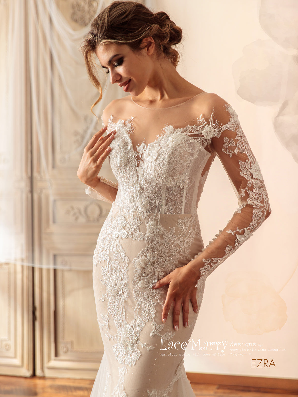 EZRA / Exclusive Lace Wedding Dress with Illusion Neckline