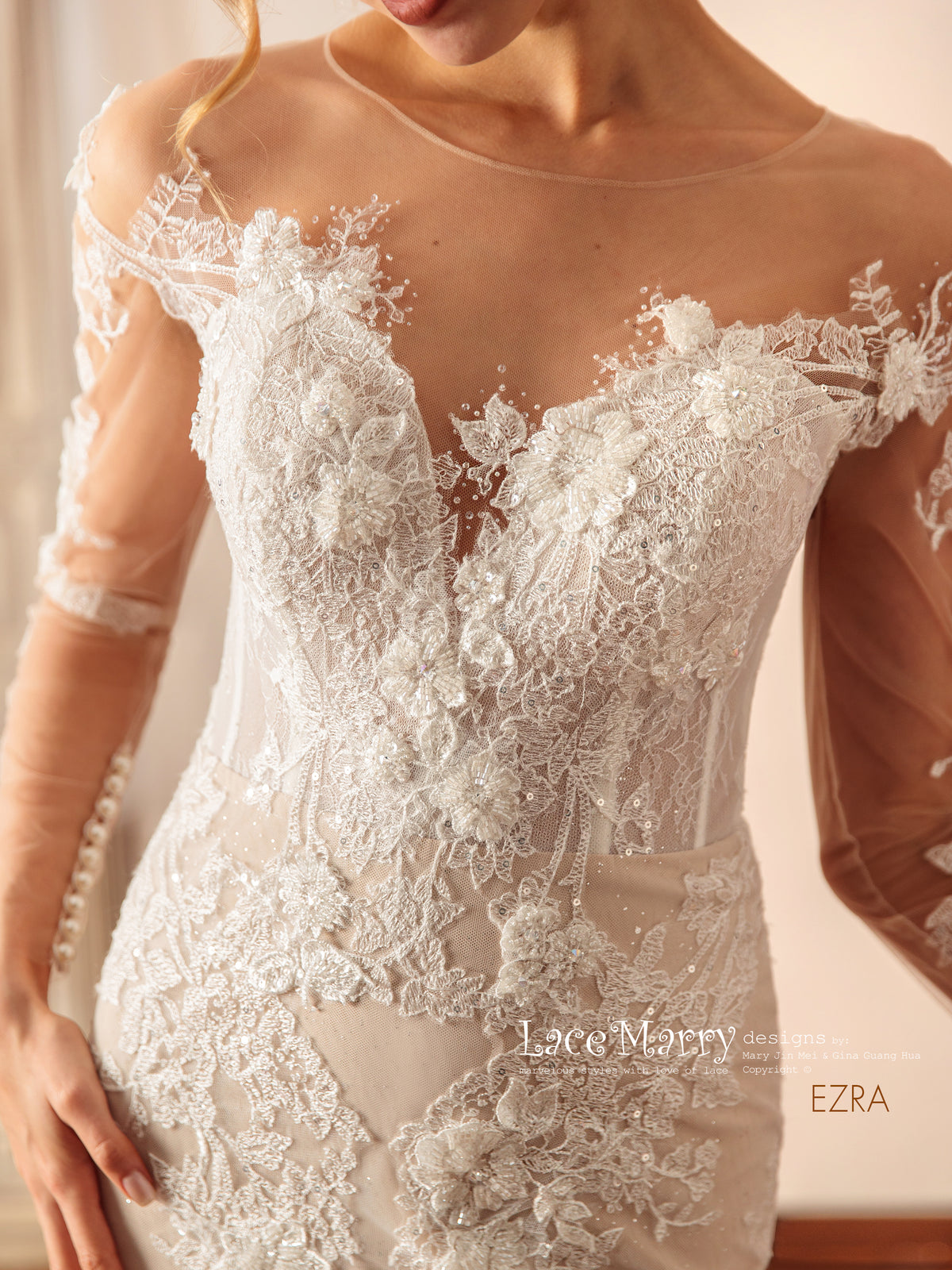 EZRA / Exclusive Lace Wedding Dress with Illusion Neckline