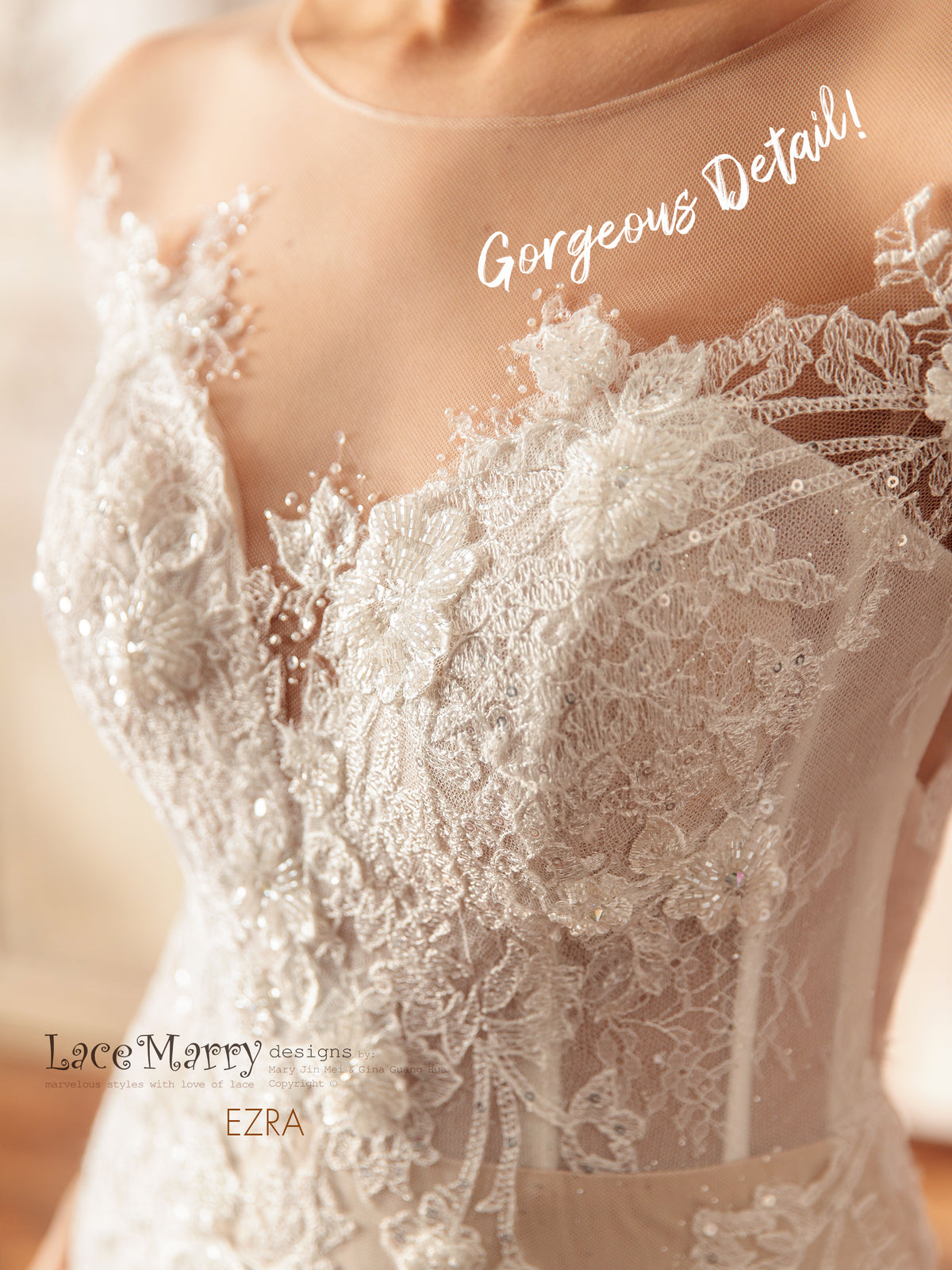EZRA / Exclusive Lace Wedding Dress with Illusion Neckline