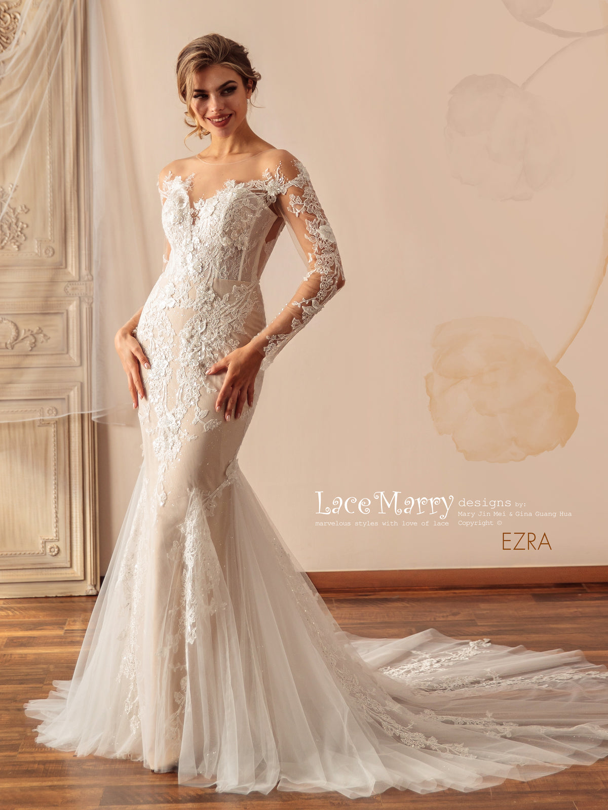 EZRA / Exclusive Lace Wedding Dress with Illusion Neckline
