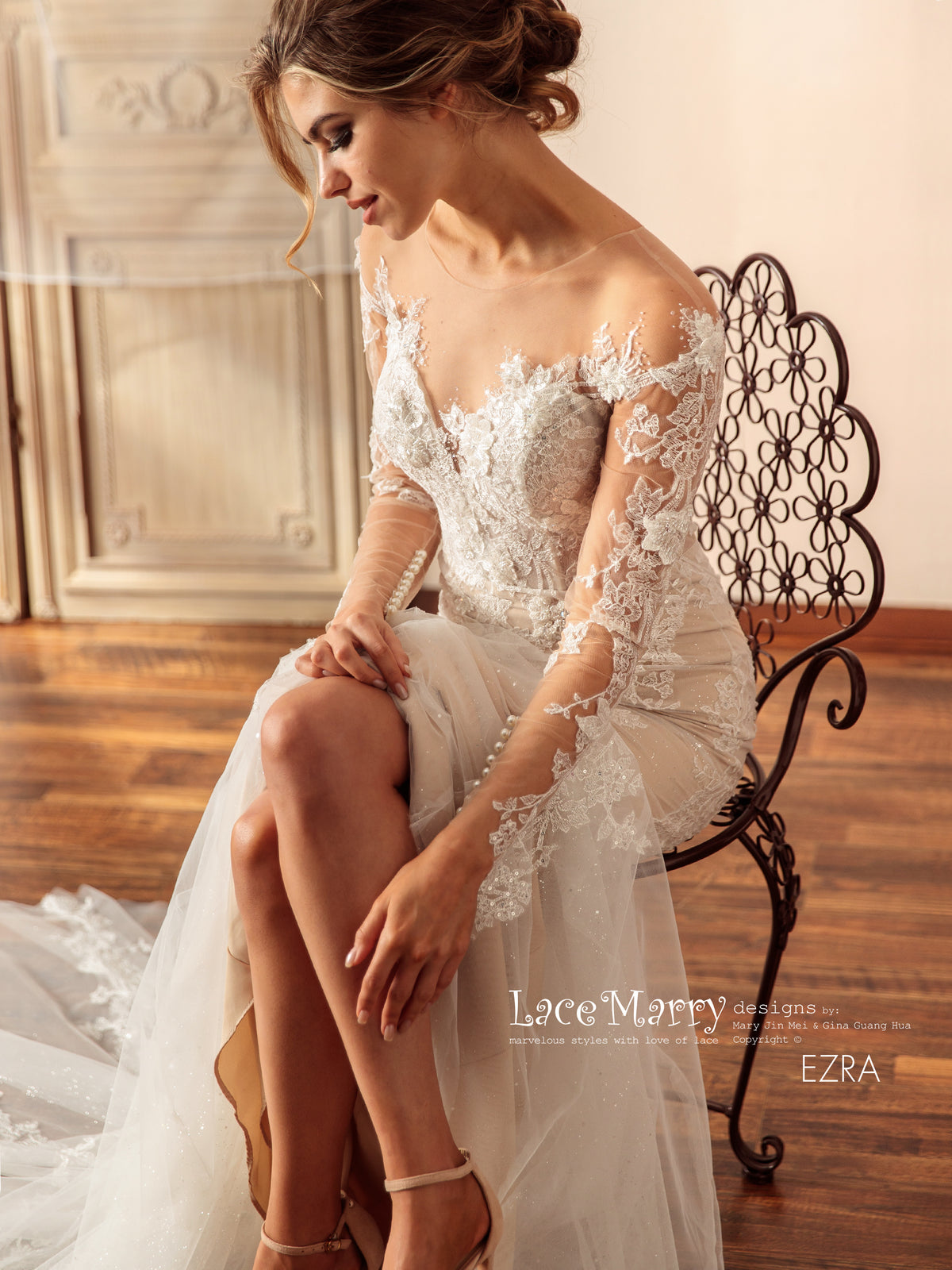 EZRA / Exclusive Lace Wedding Dress with Illusion Neckline
