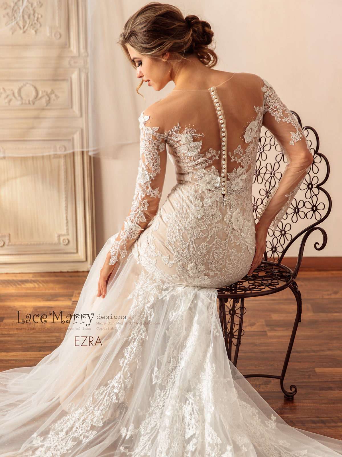 EZRA / Exclusive Lace Wedding Dress with Illusion Neckline