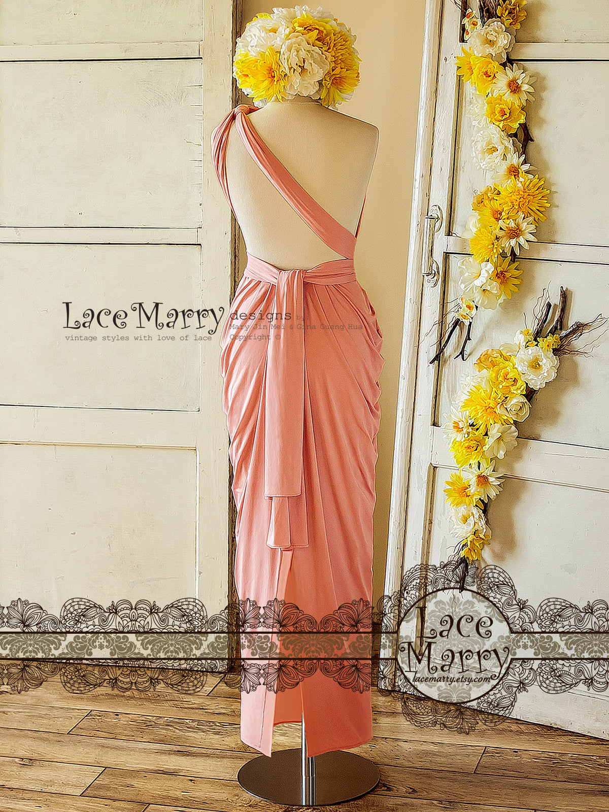 Maxi Length Blush Pink Bridesmaid Dress with Twist Wrap Convertible Top
