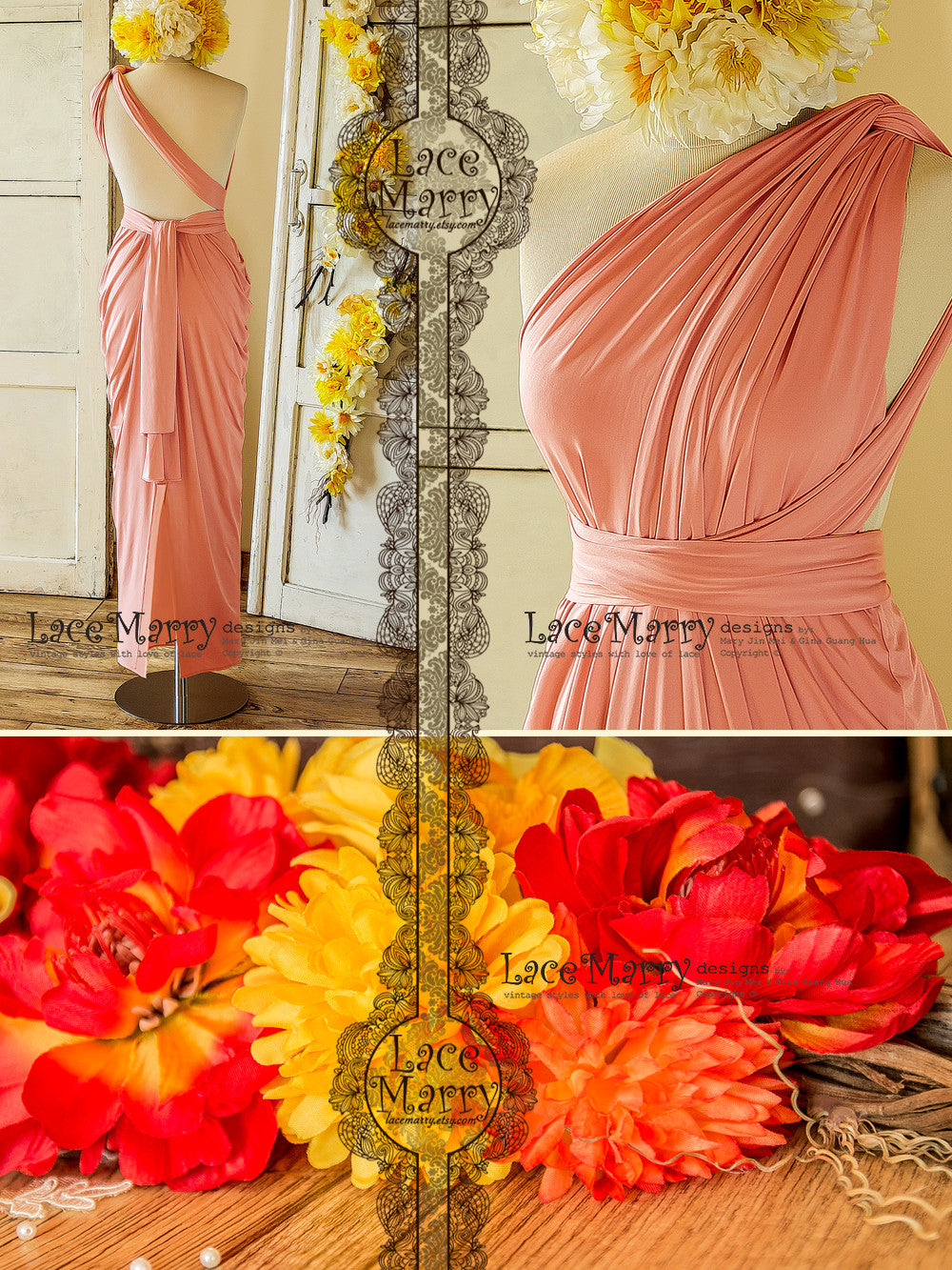 Maxi Length Blush Pink Bridesmaid Dress with Twist Wrap Convertible Top - LaceMarry Maxi Length Blush Pink Bridesmaid Dress with Twist Wrap Convertible Top - LaceMarry