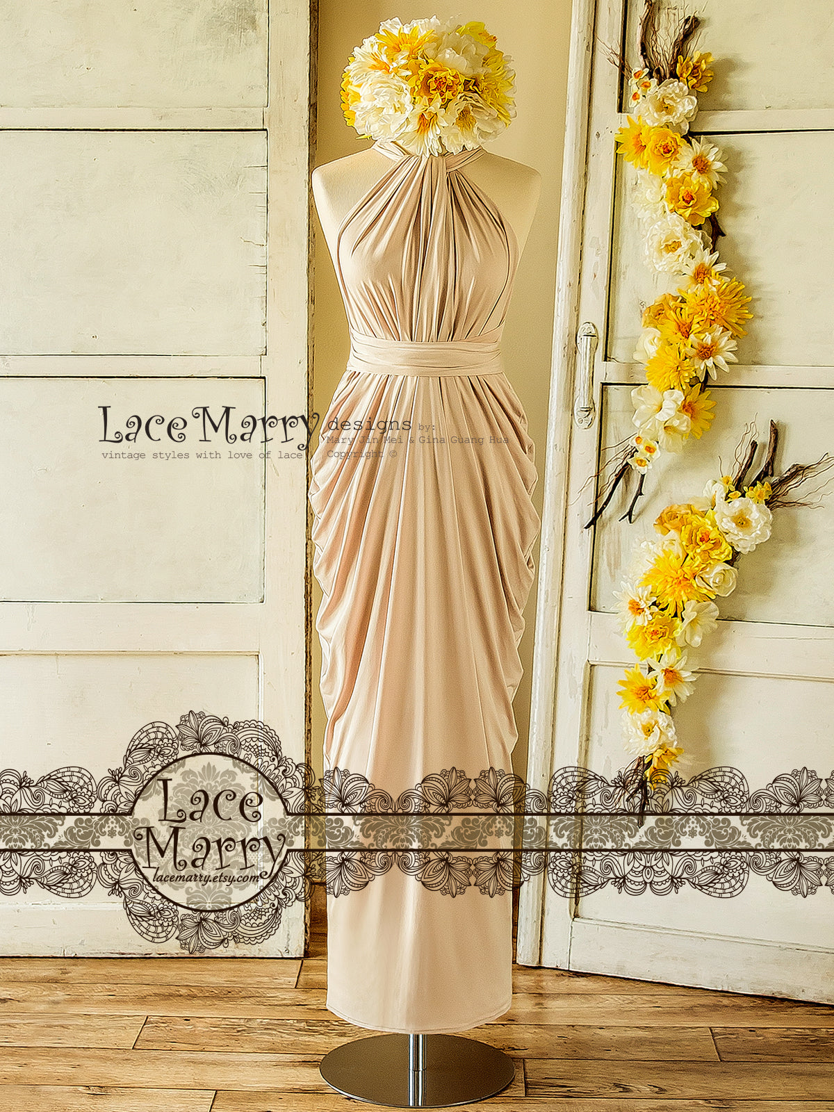 Sand Champagne Bridesmaid Dress for Beach Wedding with Infinity Top