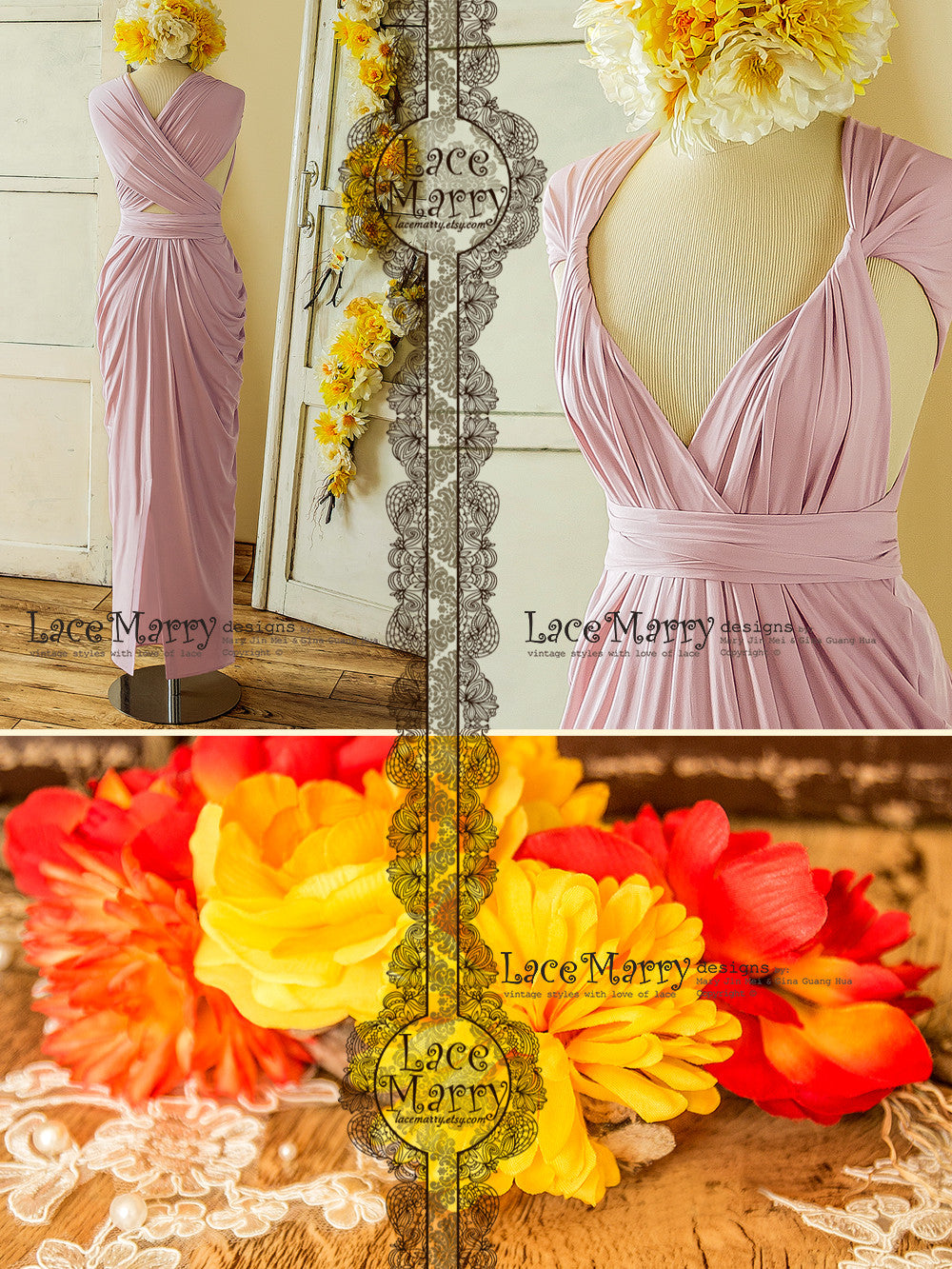 Maxi Length Lavender Pink Bridesmaid Dress with Twist and Wrap Multiway Top - LaceMarry Maxi Length Lavender Pink Bridesmaid Dress with Twist and Wrap Multiway Top - LaceMarry