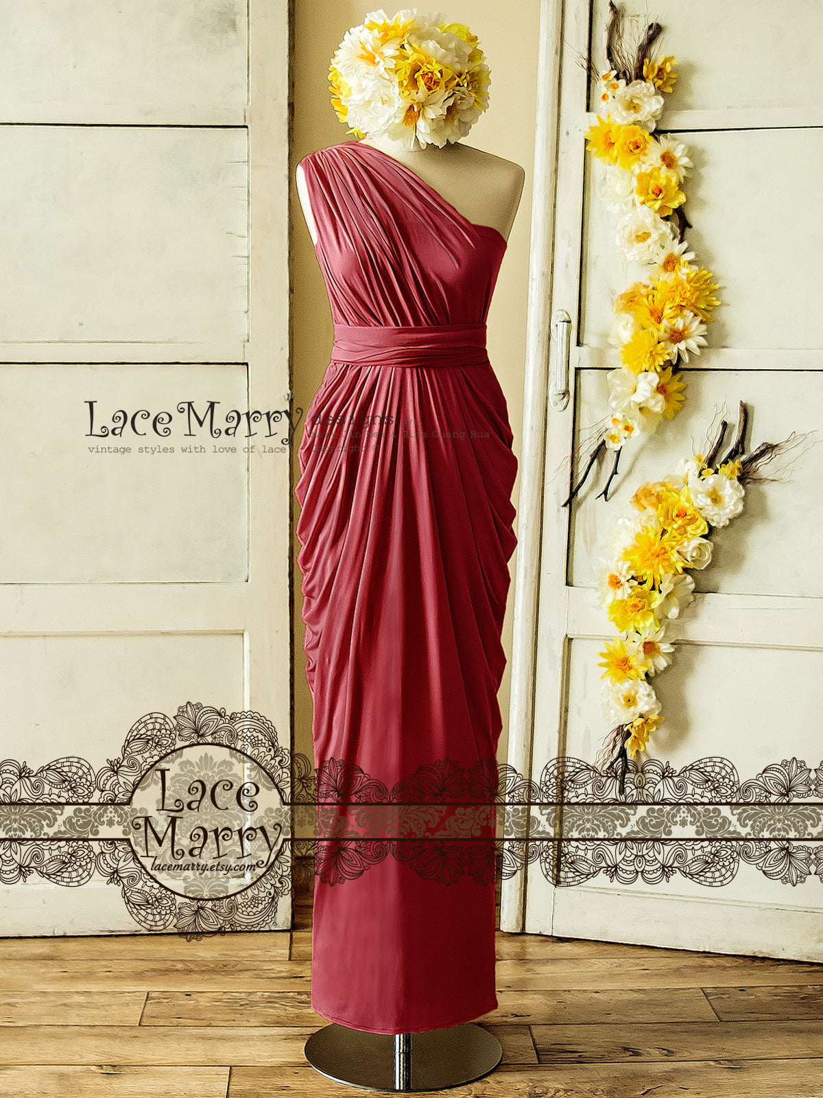 Marsala Red Infinity Bridesmaid Dress in Floor Length with Multi Folded Skirt