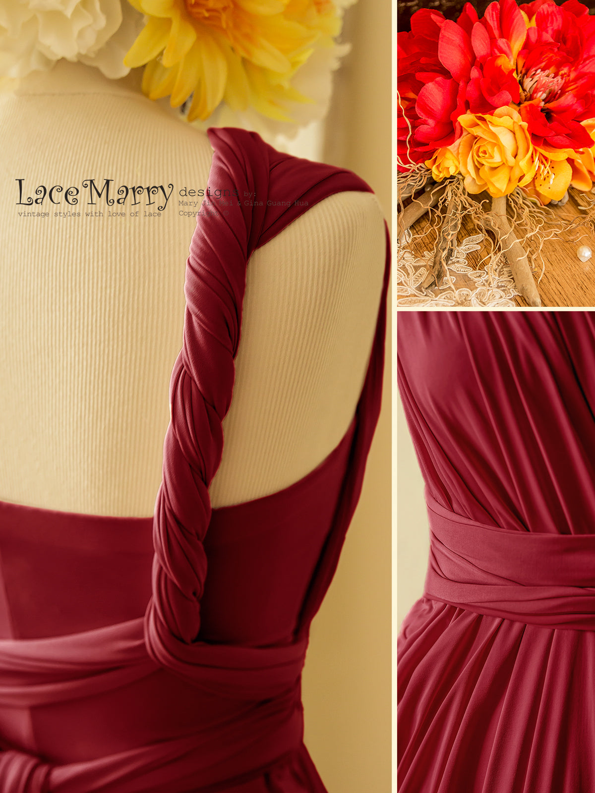 Marsala Red Infinity Bridesmaid Dress in Floor Length with Multi Folded Skirt LaceMarry