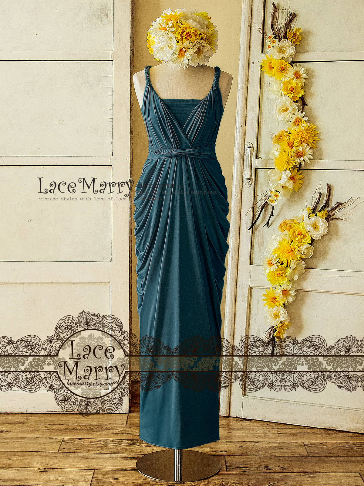 Ocean Blue Infinity Dress for Beach Bridal Party with Maxi Skirt