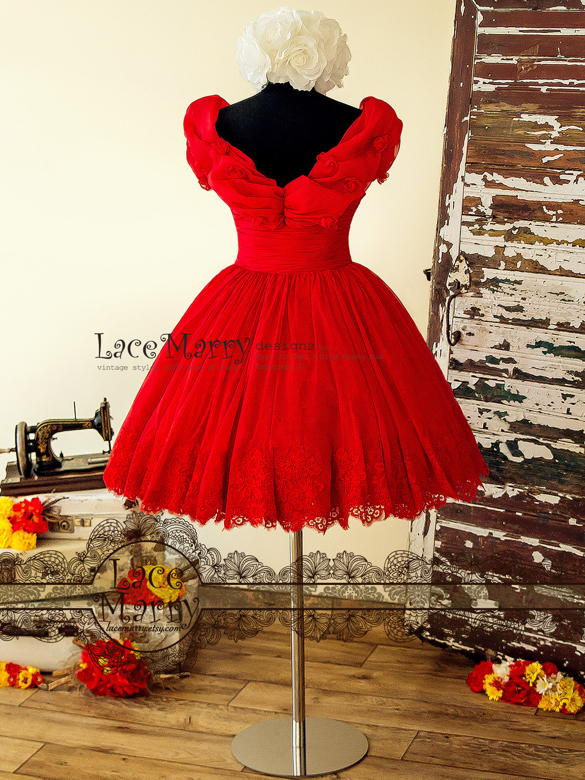 Princess Short Red Dress with Off Shoulder Organza Top & Puffy Skirt