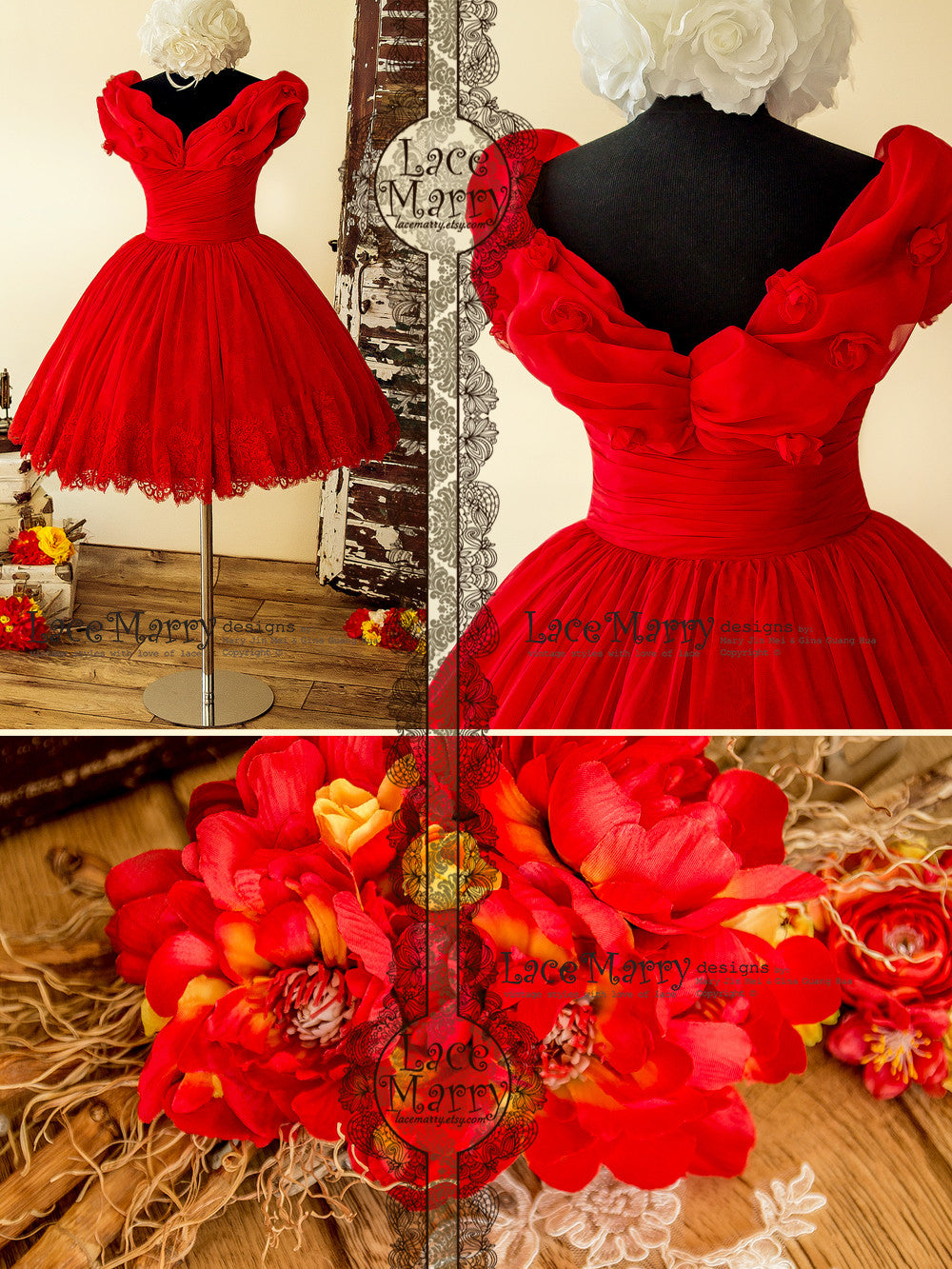 Princess Short Red Dress with Off Shoulder Organza Top & Puffy Skirt - LaceMarry Princess Short Red Dress with Off Shoulder Organza Top & Puffy Skirt - LaceMarry