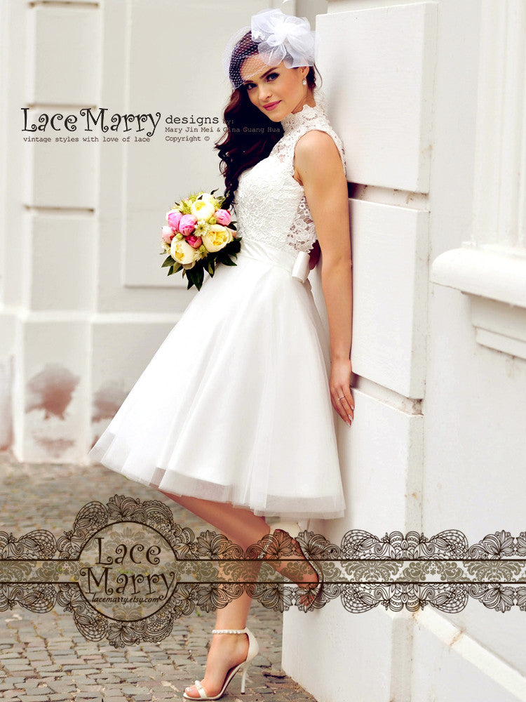 Custom Short Wedding Dress With Sweetheart Illusion Lace Bodice - LaceMarry Custom Short Wedding Dress With Sweetheart Illusion Lace Bodice - LaceMarry