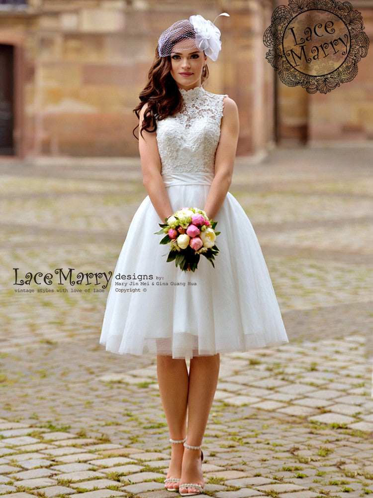 Custom Short Wedding Dress With Illusion Lace Bodice