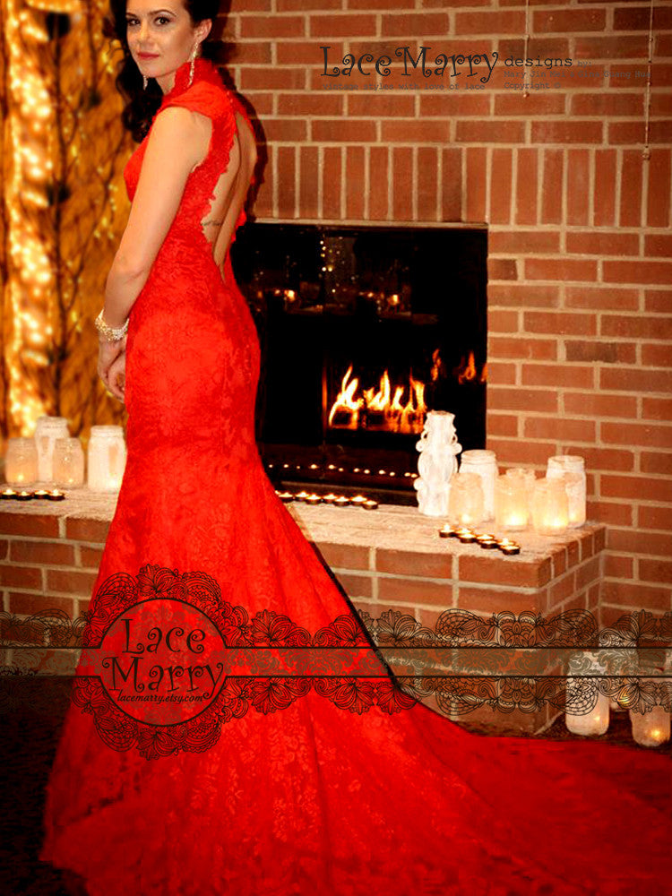 Red Lace Wedding Dress with Open Back Keyhole, Illusion V Neck - LaceMarry Red Lace Wedding Dress with Open Back Keyhole, Illusion V Neck - LaceMarry