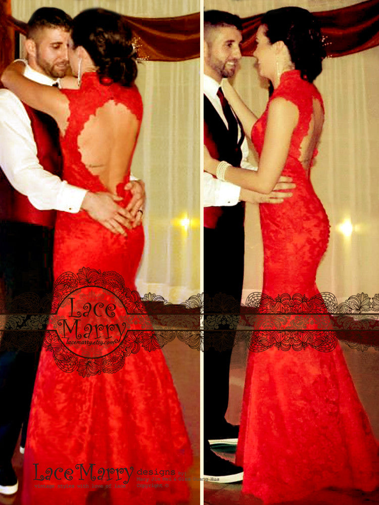 Red Lace Wedding Dress with Open Back Keyhole, Illusion V Neck - LaceMarry Red Lace Wedding Dress with Open Back Keyhole, Illusion V Neck - LaceMarry