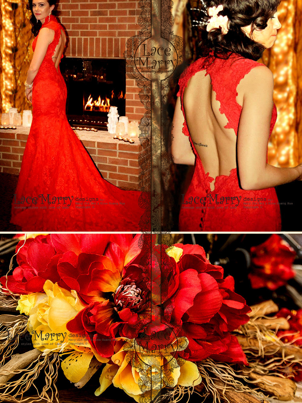 Red Lace Wedding Dress with Open Back Keyhole, Illusion V Neck Red Lace Wedding Dress with Open Back Keyhole, Illusion V Neck